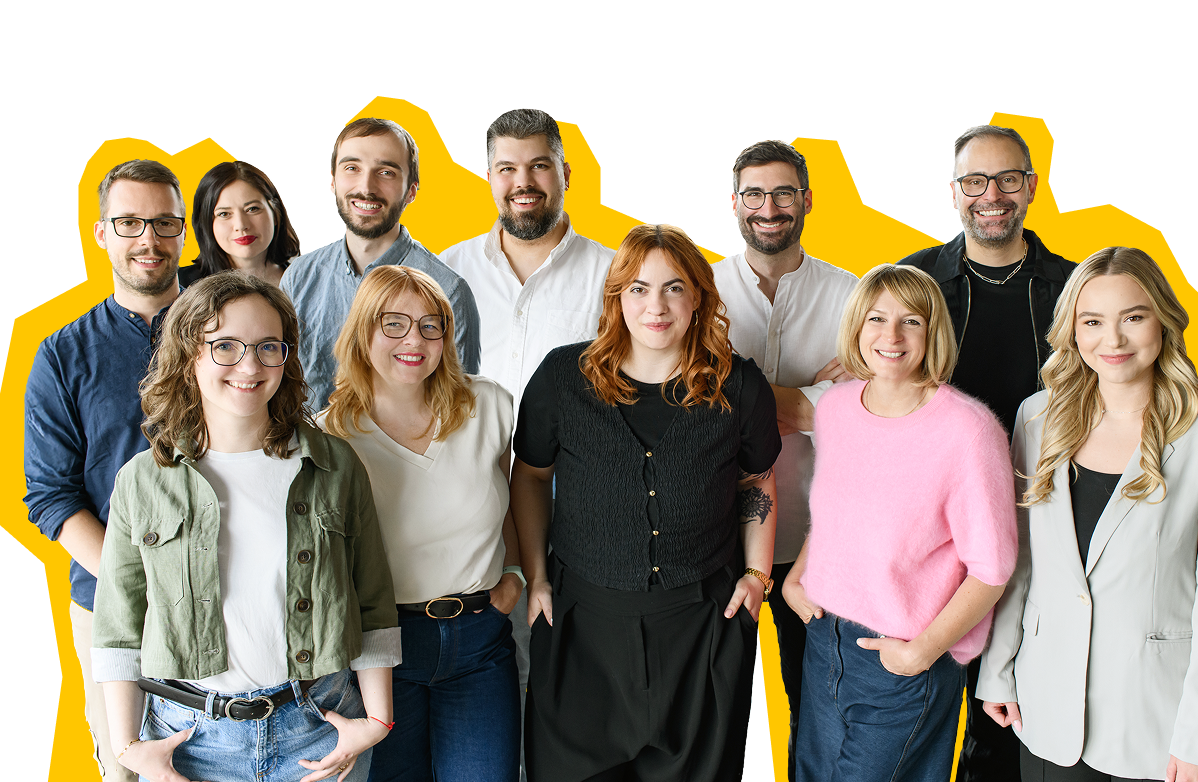 Freigestelltes Teamfoto mit gelben Schatten von TeamQ – Expertinnen und Experten für Marktforschung, UX und Data Insights.