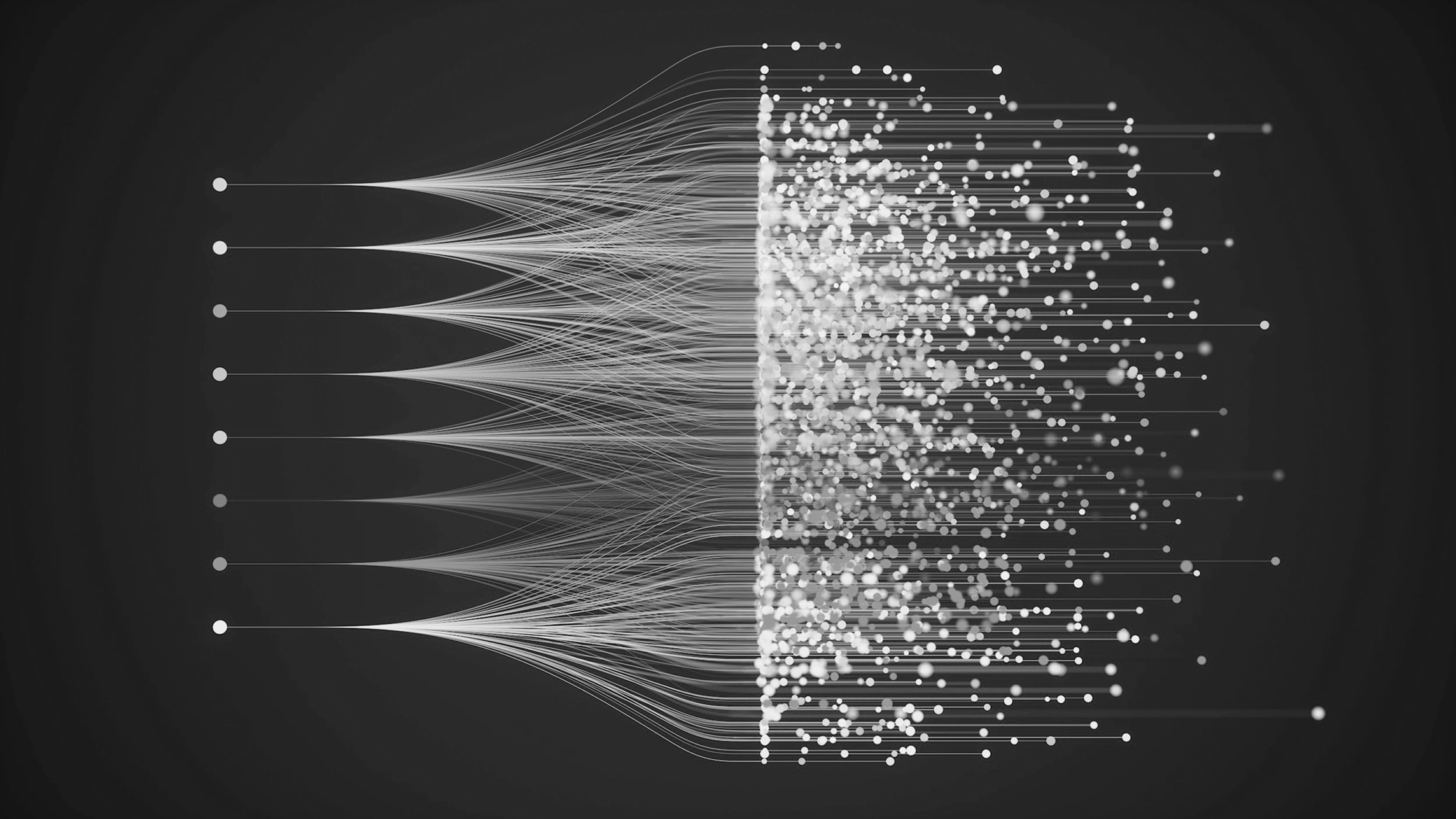 Abstrakte Visualisierung von Datenströmen: Linien führen in ein Feld aus Punkten auf dunklem Hintergrund.
